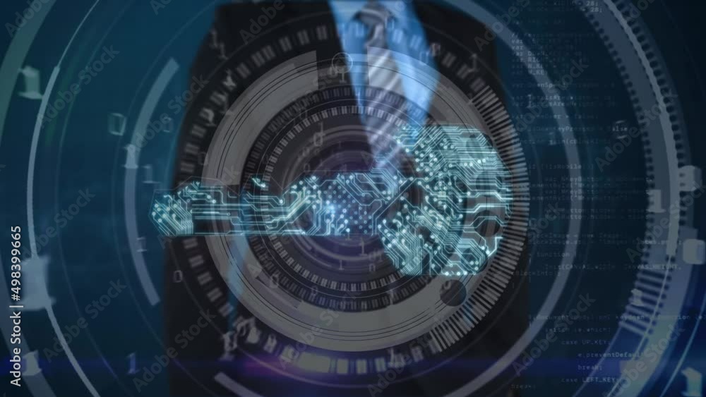 Poster animation of digital key and binary code over hands of caucasian businessman using touchscreen