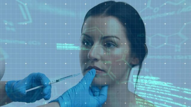 Animation of data processing and formulas over hands of doctor making botox to caucasian female