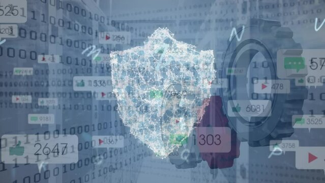 Animation of digital shield, icons and gears over background with binary code
