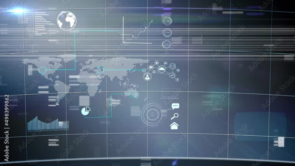 Poster animation of glitch over blue screen with data and world map