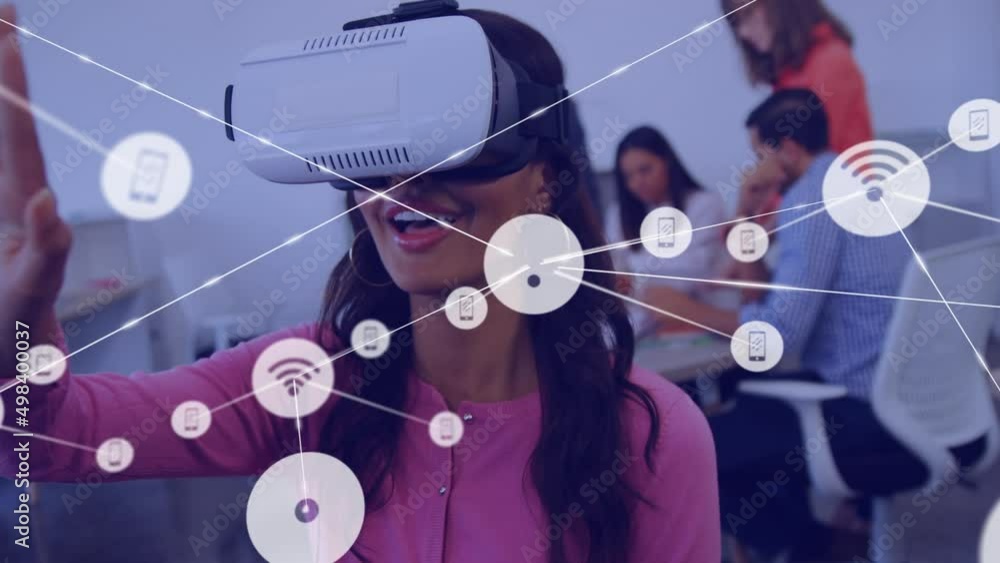 Poster animation of network of connections with icons over diverse business people using vr headset