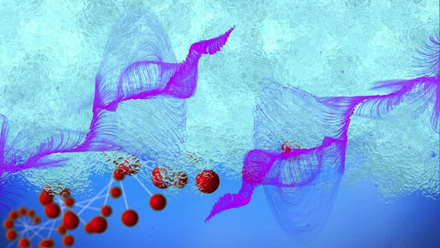 Animation of dna chain rotating over blue background with molecules and pink waves