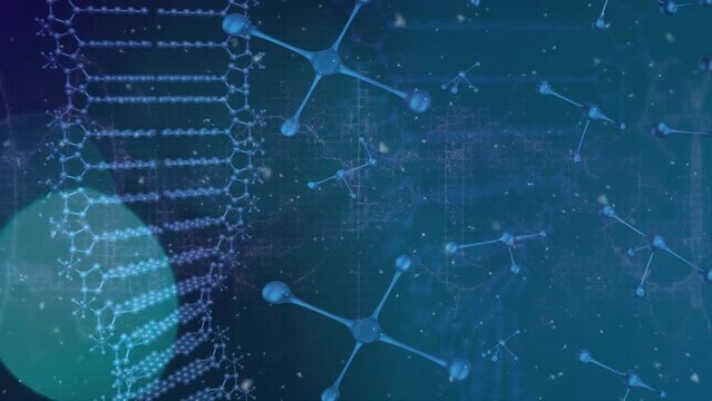 Animation of dna chain rotating over molecules on blue background