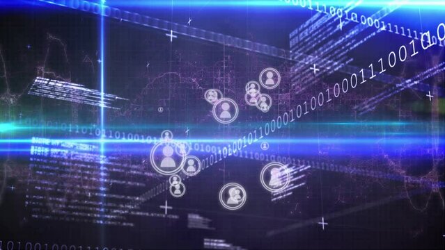 Animation of diverse icons over binary code on black and blue background with lights
