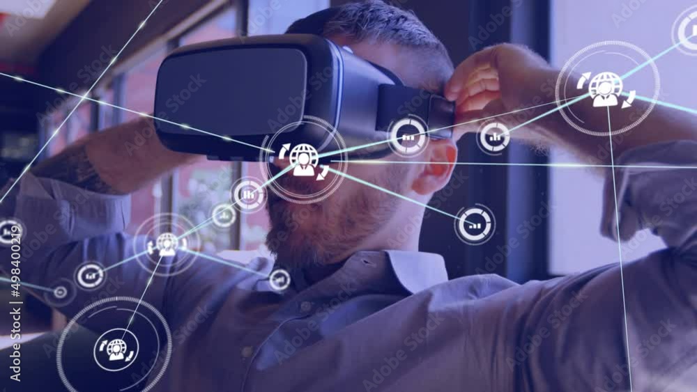 Poster animation of network of connections with icons over biracial businessman using vr headset