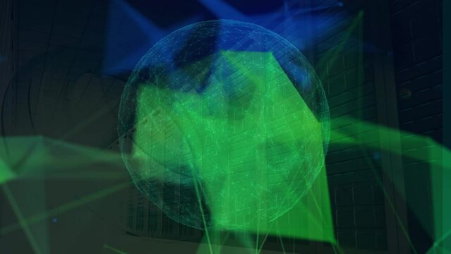 Animation of green and blue shapes moving over globe in black space