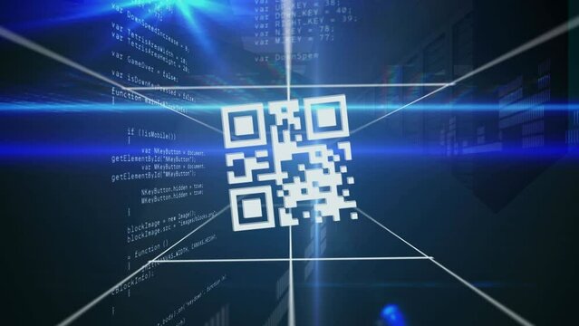 Animation of qr codes moving in digital space with data processing