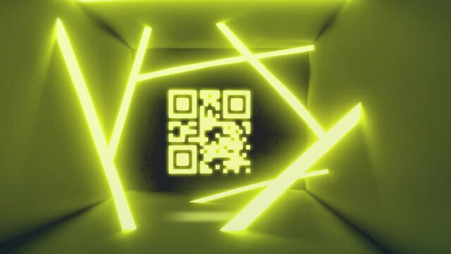 Animation of neon qr code moving in green digital space