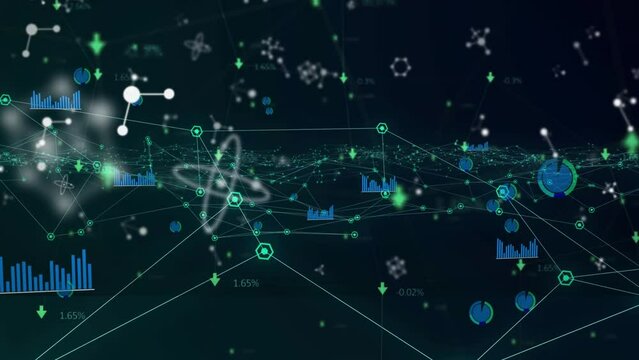 Animation of network of connections with molecules and diverse data in digital black space