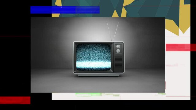 Animation of black frame with colorful shapes and glitch over grey space with vintage tv