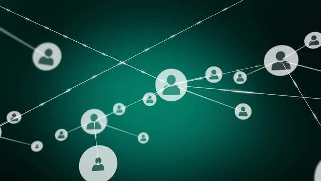 Animation of network of connections with people icons over gren background