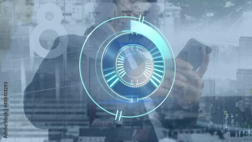 Poster Animation of processing circle over biracial man using smartphone