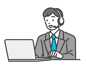 コールセンターで働く男性オペレーターのベクターイラスト素材／サービス／説明／ビジネス

