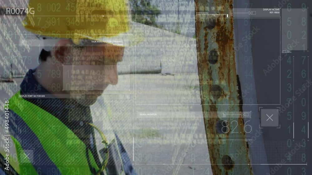 Poster animation of screen with data processing over caucasian male builder checking construction