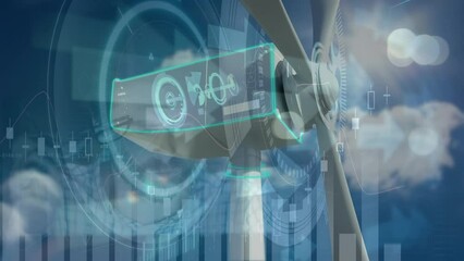 Animation of graphs, diverse data and wind turbine moving over caucasian man working in office - Powered by Adobe