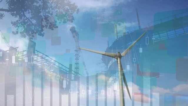 Animation of graphs and construction site over moving wind turbine