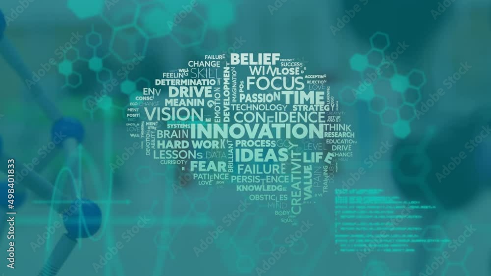 Poster animation of data processing, chemical formulas and brain made of texts over test tubes