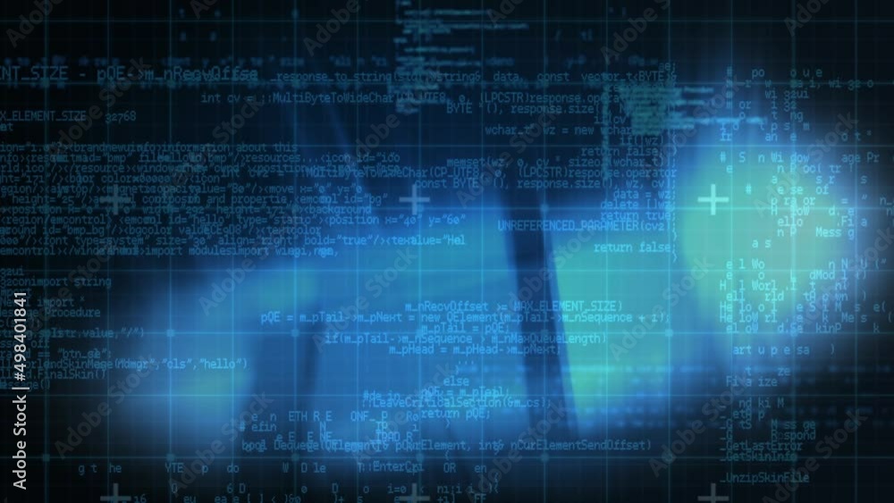 Poster animation of data processing over grid and blue glowing shapes