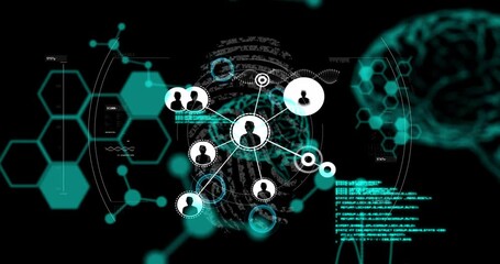 Animation of network of connections with icons over data processing and chemical formulas - Powered by Adobe