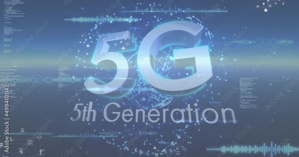 Poster animation of icons, data processing and 5g over globe and blue background