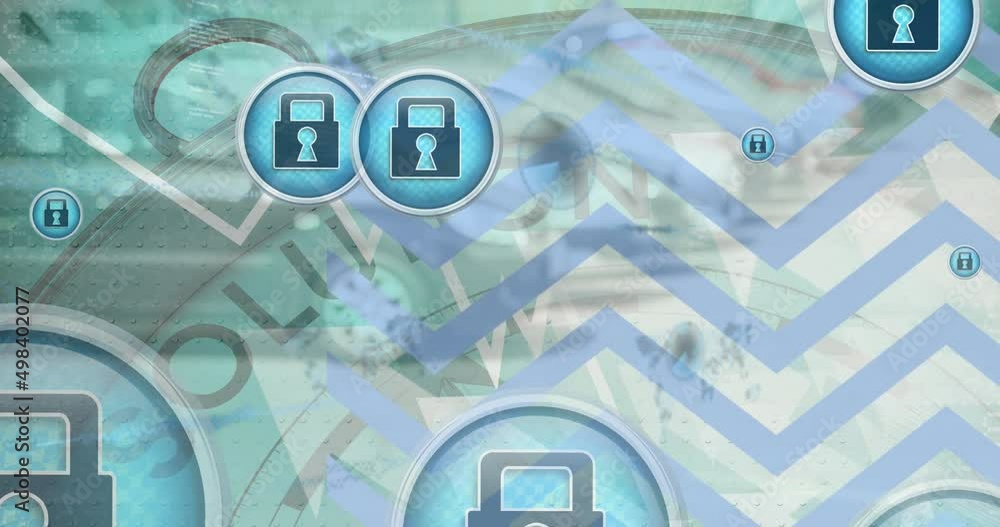 Poster animation of icons with padlock over solution and chevron