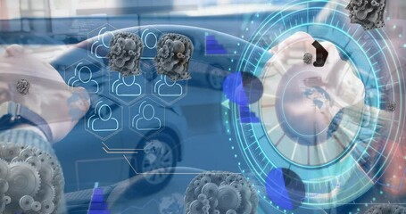 Animation of diverse data, processing circle and gears over cars - Powered by Adobe
