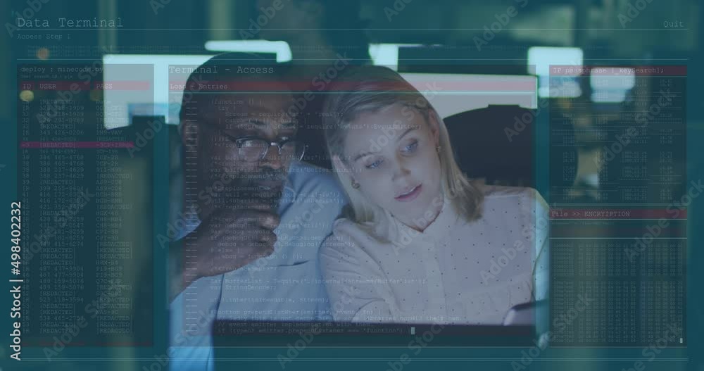 Poster animation of data processing over diverse business people using tablet