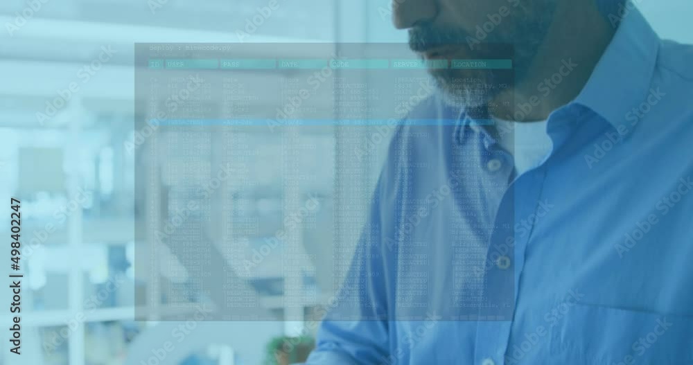 Poster animation of data processing over caucasian businessman using laptop