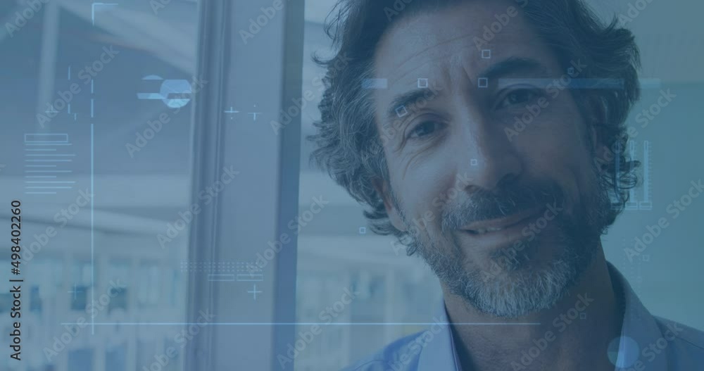 Poster animation of data processing over caucasian businessman smiling