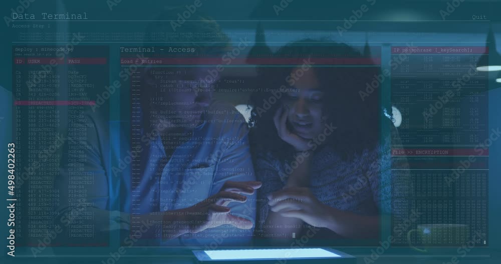 Aufkleber animation of data processing over diverse business people using tablet