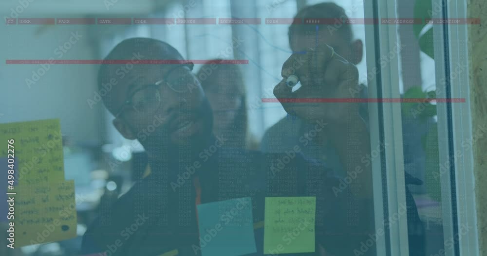 Aufkleber animation of data processing over diverse business people taking notes