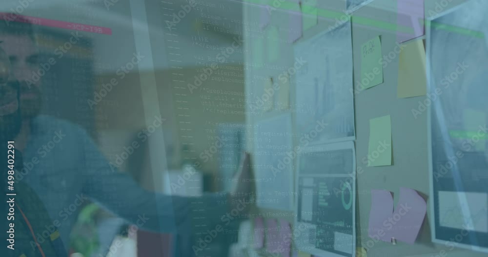 Poster animation of data processing over diverse business people taking notes