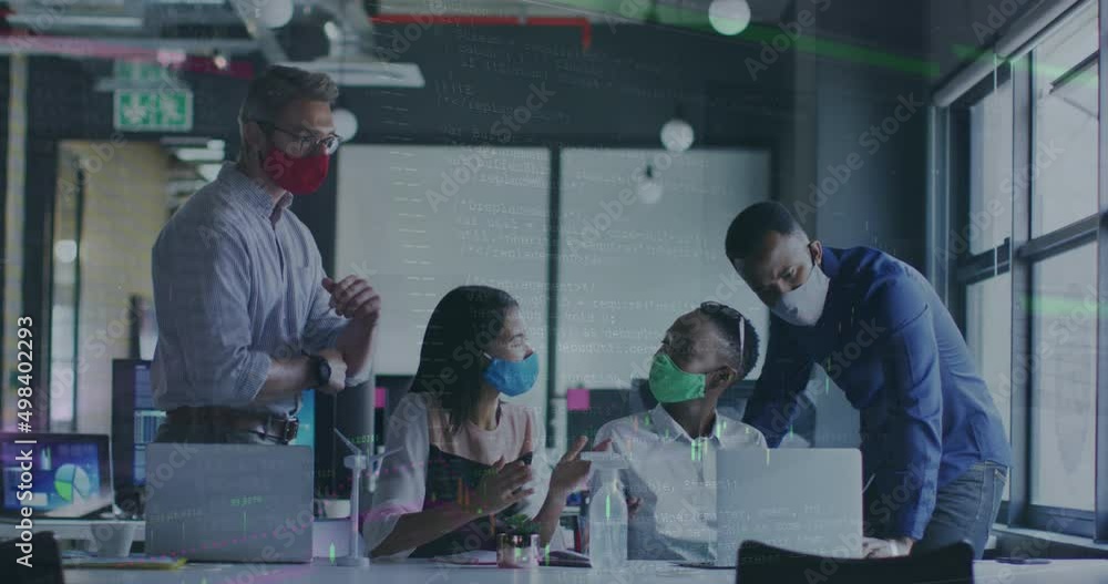 Aufkleber animation of data processing over diverse business people with face masks using laptop