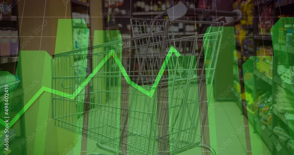 Poster animation of data processing over trolley in shop