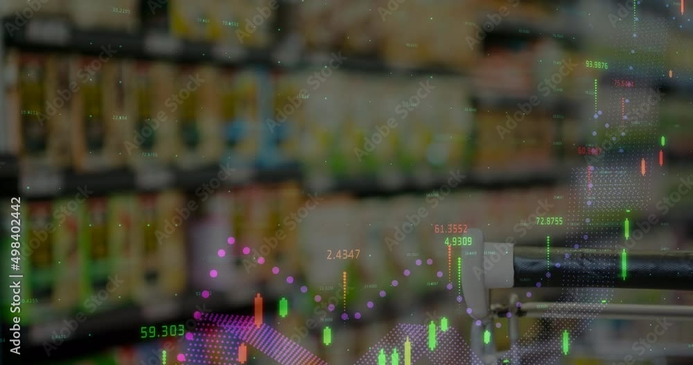 Poster animation of data processing over trolley in shop