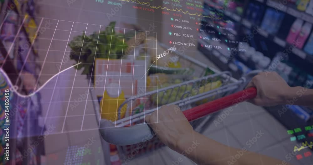 Poster animation of data processing over caucasian man with trolley in shop