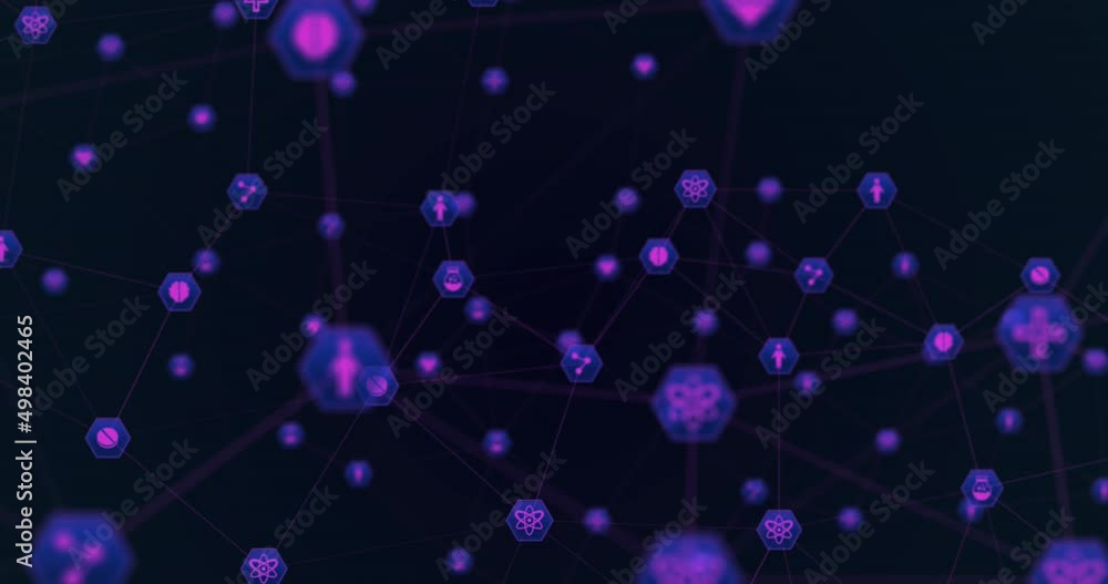 Poster animation of network of connections with icons on black background