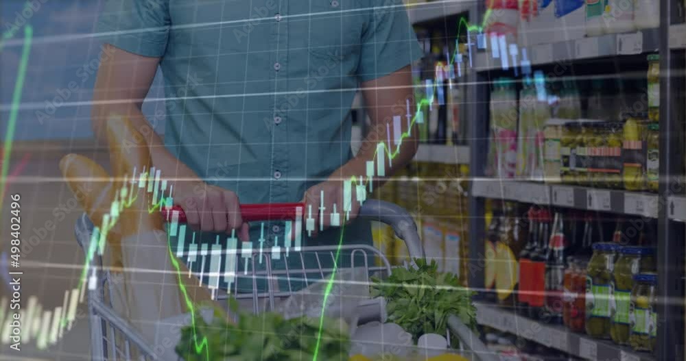 Poster animation of data processing over caucasian man with trolley in shop