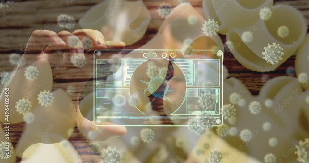 Poster animation of virus cells and data processing over noodles
