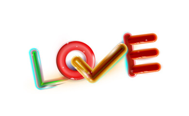 Abstract inscription Glossy love, multicolor plastic toys rounded. Vector