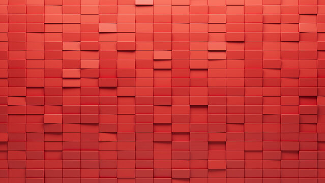 3D, Red Wall Background With Tiles. Rectangular, Tile Wallpaper With Polished, Futuristic Blocks. 3D Render