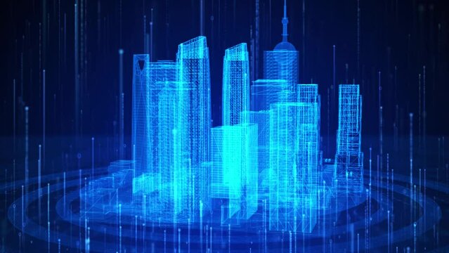 Blue tech wireframe building is a spectacular motion, digital particle technology city, future big data. Particle light rise, technology product promotion, product launch, holographic projection.