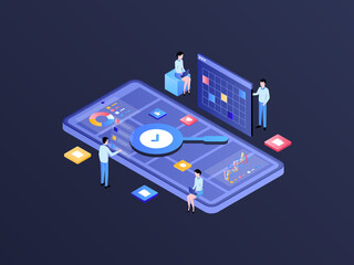 Research and Development Isometric Illustration Dark Gradient. Suitable for Mobile App, Website, Banner, Diagrams, Infographics, and Other Graphic Assets.