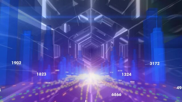 Animation of numbers and light tunnel moving fast over metaverse city
