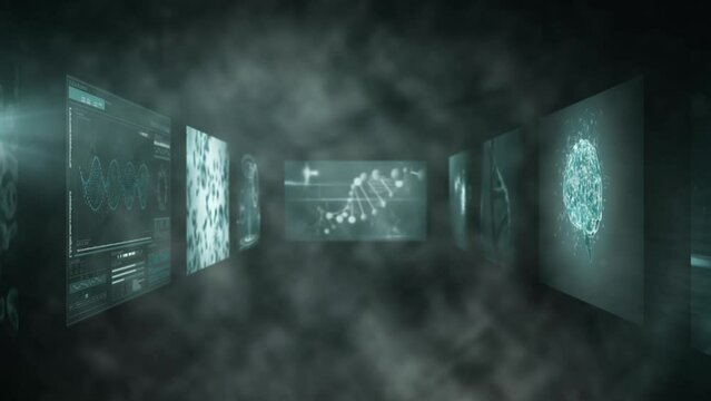 Animation of biological data processing on tunnel made of screens on black background