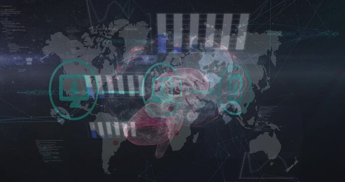 Animation of icons, data and rotating brain over world map