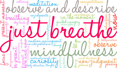 Just Breathe Word Cloud on a white background. 