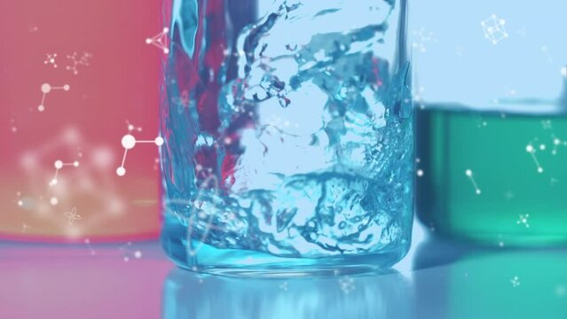 Animation of molecules over reagent pouring into lab glass on blue background