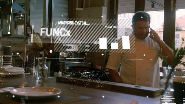 Animation of financial data processing over biracial male chef