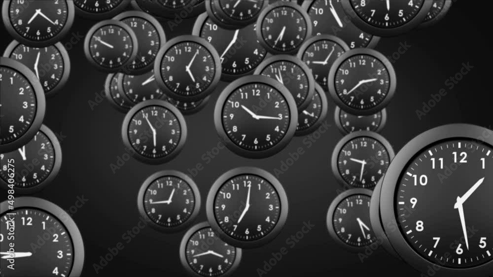 Poster animation of multiple clock moving on black backgorund
